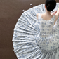 White spaghetti‑strap light blue floral print waist‑cinched slim‑fit long ball gown with a full skirt R8013