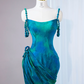 Lake blue halter-neck fitted waist bodycon long ball gown R9024