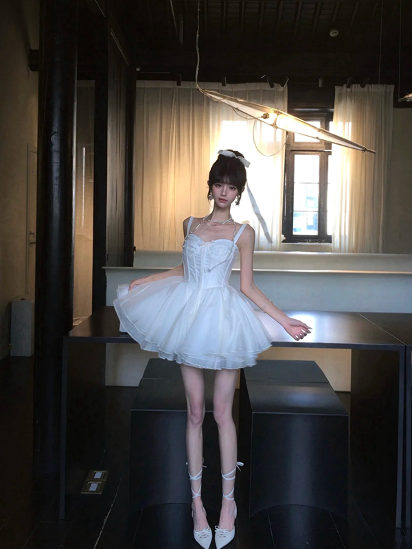 White suspenders waist sexy puffy skirt homecoming dress R5057