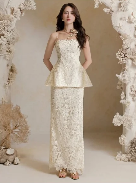 Apricot suspender A-line ruffle design top hip sexy long skirt suit homecoming dress R4854