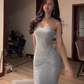 Light gray halter-neck fitted long sexy ball gown R7547