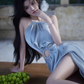 Light blue halter neck and waist-revealing sexy ball gown R7067