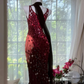 Deep red halter-neck fitted bodycon long ball gown R6548