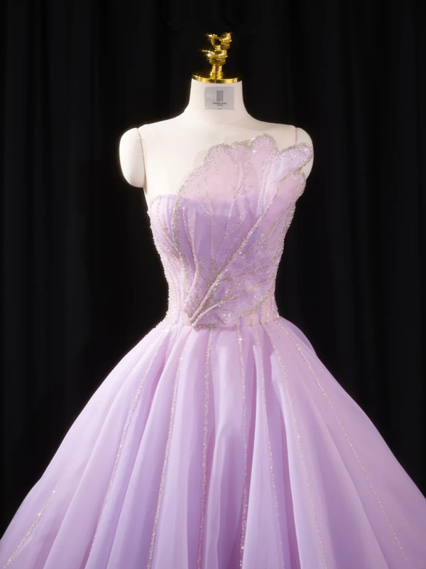 Light purple strapless, fitted waist, full skirt, long ball gown, bridal dress R8904