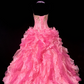 Pink strapless, fitted waist, full skirt, long ball gown R8695