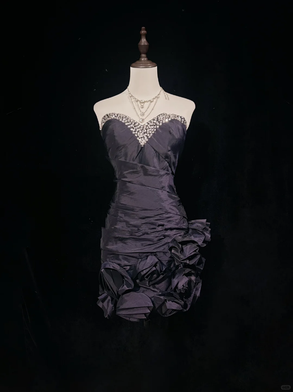 Black tube top diamond waist pleated skirt flower design short dress homecoming dress R4895