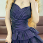 Navy Blue Halter Neck Waist-Cinched Tiered Skirt Ball Gown, Bridal Gown R7353