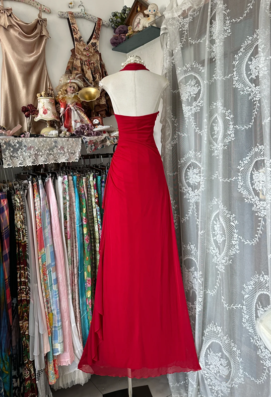 Red halter neck slim waist sexy A-line hip long skirt ball gown R6148