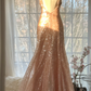 Light pink halter-neck low-cut fitted long ball gown R7703