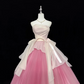 White strapless fitted waist, pink tulle skirt, long ball gown R9054