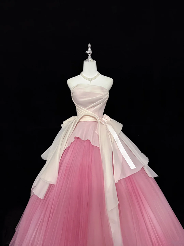 White strapless fitted waist, pink tulle skirt, long ball gown R9054