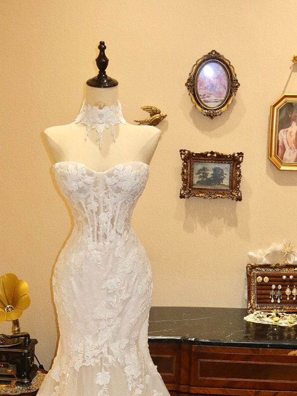 White lace strapless cinched waist slim-fitting mermaid skirt wedding dress R6588