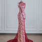 Red lace Chinese-style neckline, fitted waist, bodycon ball gown, bridal gown R8212