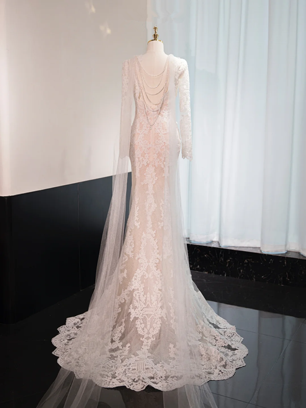 Light apricot V-neck fitted waist bodycon long ball gown, bridal dress R8994