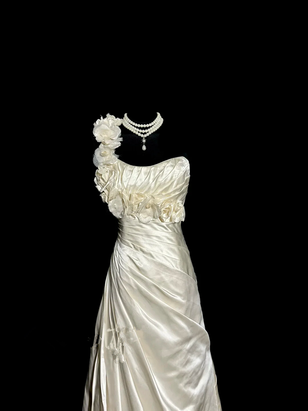 Apricot-colored one-shoulder 3D floral dress with a fitted waist and pleats, long ball gown R6668