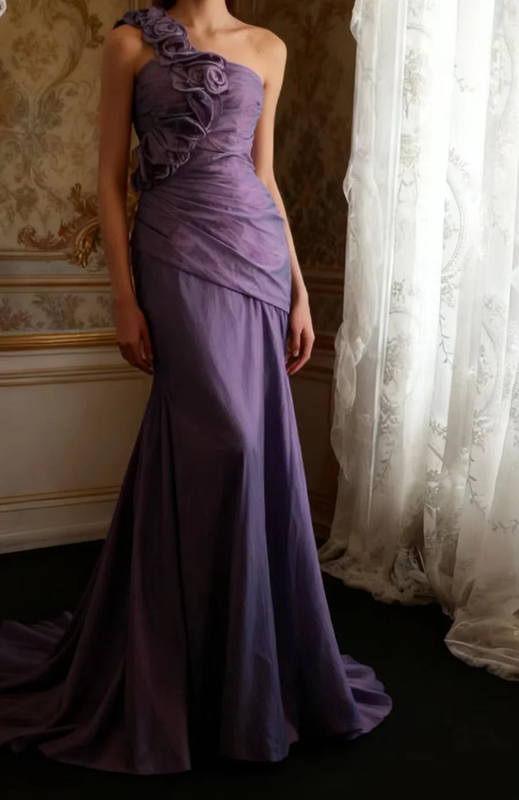 Purple one-shoulder 3D floral fitted long ball gown R6708
