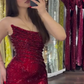 Red sequined tube top waist slim hip skirt homecoming dress R5477