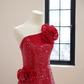 Red asymmetrical neckline, fitted waist, long ball gown R8473