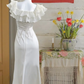 White ruffled neckline slim waist sexy maxi ball gown R6229