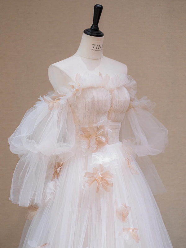 White Strapless One Shoulder Waist Floral Slim Fit A-Line Long Dress Bridal Gown R5714