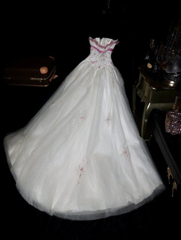 White strapless, fitted A-line long ball gown R6987