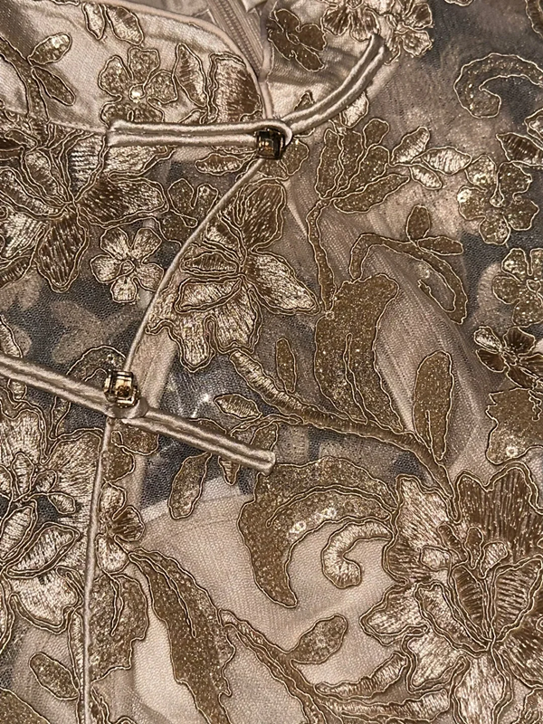 Champagne-colored, fitted, elegant, classic mid-length ball gown R6866