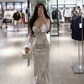 Light brown off-the-shoulder low-cut sexy fitted waist bodycon long ball gown R7894