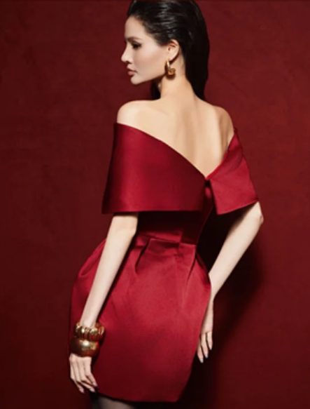 Red satin elegant design neckline waist slim fit high-end short skirt homecoming dress R4729