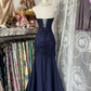 Navy blue strapless, fitted, bodycon fishtail gown, sexy ball gown R6347