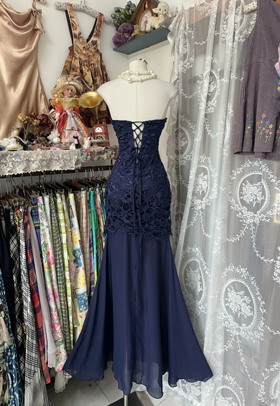 Navy blue strapless, fitted, bodycon fishtail gown, sexy ball gown R6347