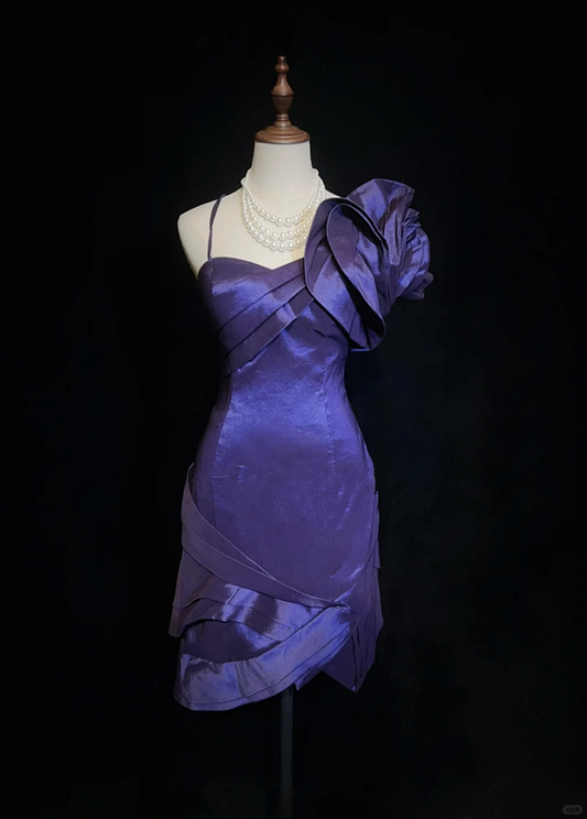 Dark purple suspender asymmetrical three-dimensional flower satin waist slim skirt homecoming dress R4976