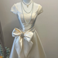 White short sleeve elegant neckline satin waist slim fit short skirt homecoming dress R4168