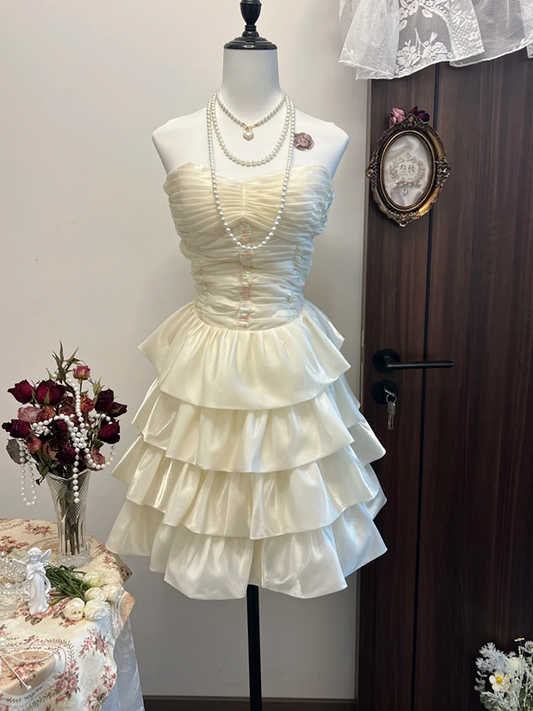 White satin tube top pleated waist cake skirt cute short skirt homecoming dress R4326