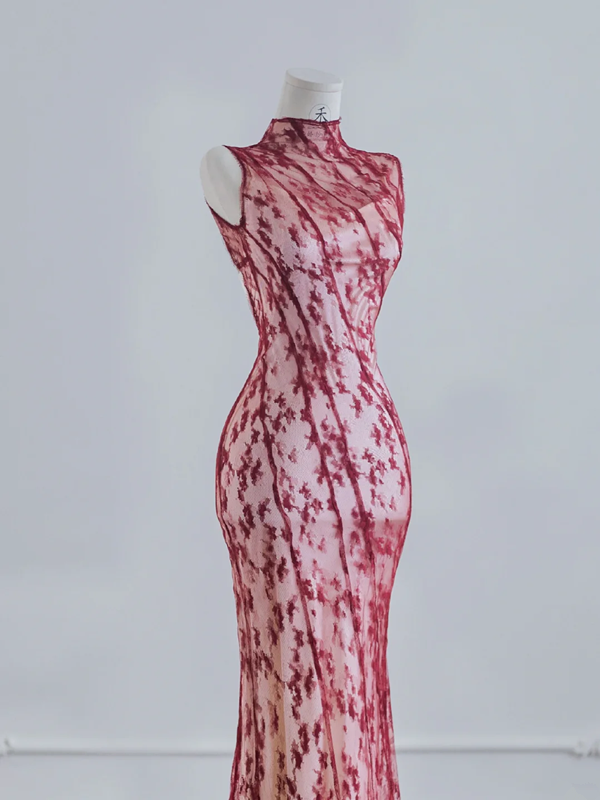 Red lace Chinese-style neckline, fitted waist, bodycon ball gown, bridal gown R8212