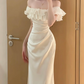 White ruffled neckline slim waist sexy maxi ball gown R6229