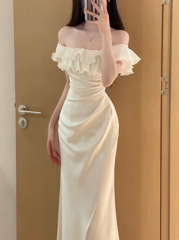 White ruffled neckline slim waist sexy maxi ball gown R6229