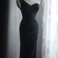 Black one-shoulder halter-neck fitted waist pleated long ball gown R6787