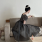 Gray square-neck, waist-cinched, full-skirted elegant prom dress R7973