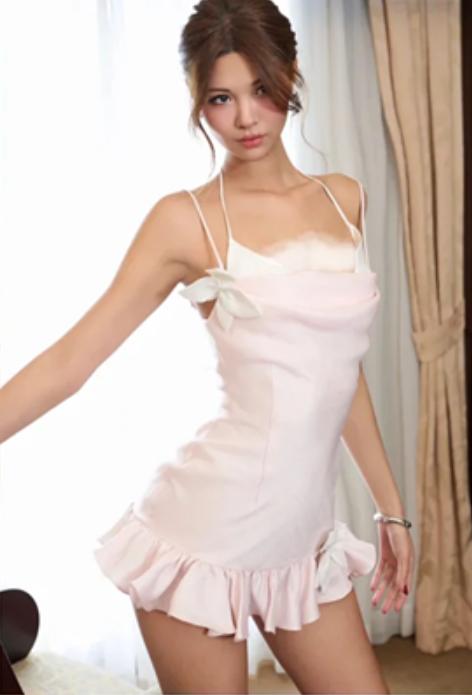 Pink suspender satin waist slim fit mini skirt homecoming dress R4406