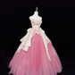White strapless fitted waist, pink tulle skirt, long ball gown R9054