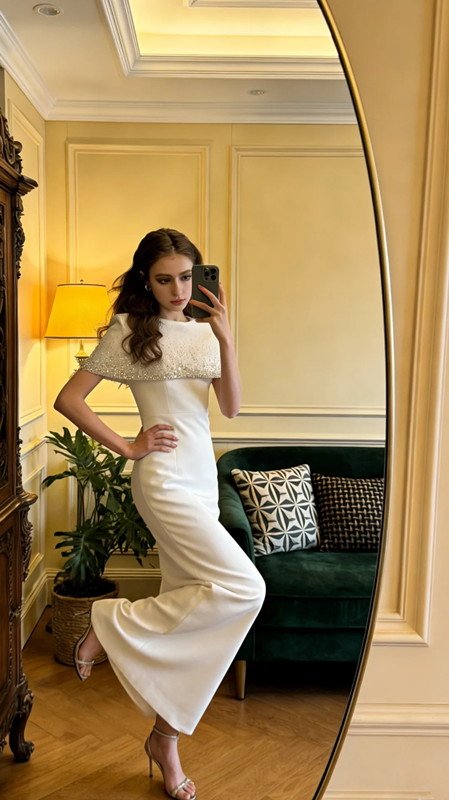 White shawl, sexy, fitted waist, bodycon long ball gown, bridal dress R8600