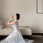 White spaghetti‑strap light blue floral print waist‑cinched slim‑fit long ball gown with a full skirt R8013