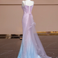 Light pink and blue gradient strapless waist-cinching bodycon sexy prom dress R8355