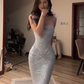 Light gray halter-neck fitted long sexy ball gown R7547