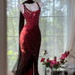 Deep red halter-neck fitted bodycon long ball gown R6548