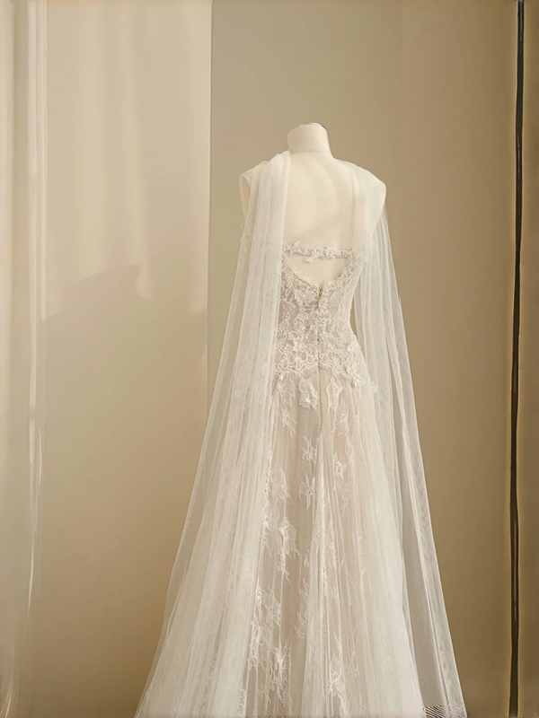 Apricot lace tube top slim waist A-line maxi skirt, prom dress R5673