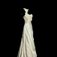 Apricot-colored one-shoulder 3D floral dress with a fitted waist and pleats, long ball gown R6668