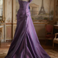 Purple one-shoulder 3D floral fitted long ball gown R6708