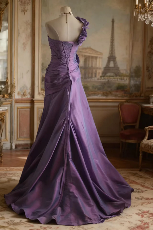 Purple one-shoulder 3D floral fitted long ball gown R6708