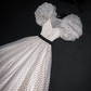 White polka dot puff sleeves, fitted waist, A-line skirt, long ball gown, bridal dress R8754